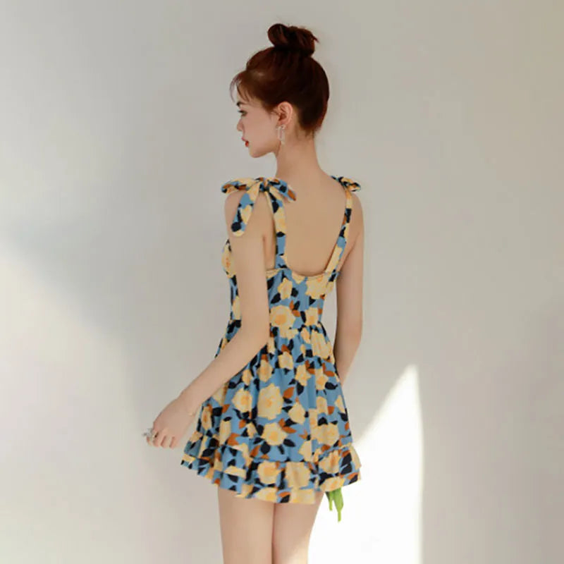 Women's high-waist one-piece swimsuit in oil blue solid colour, polyester with tummy coverage