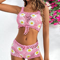 Flower pattern swimsuit bikini set with hollow yarn fabric in light green or pink colour