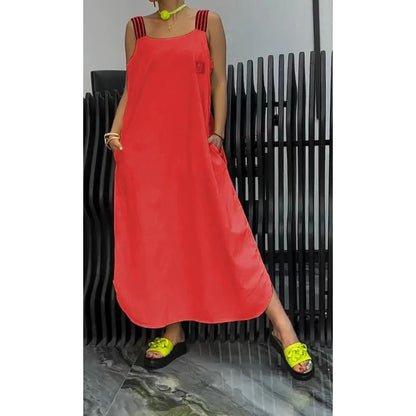 Casual cotton and linen pocket striped shoulder strap skirt in various colours