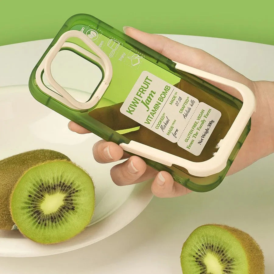 TPU mobile phone case for iPhone 14, transparent green shell with white border, bracket style