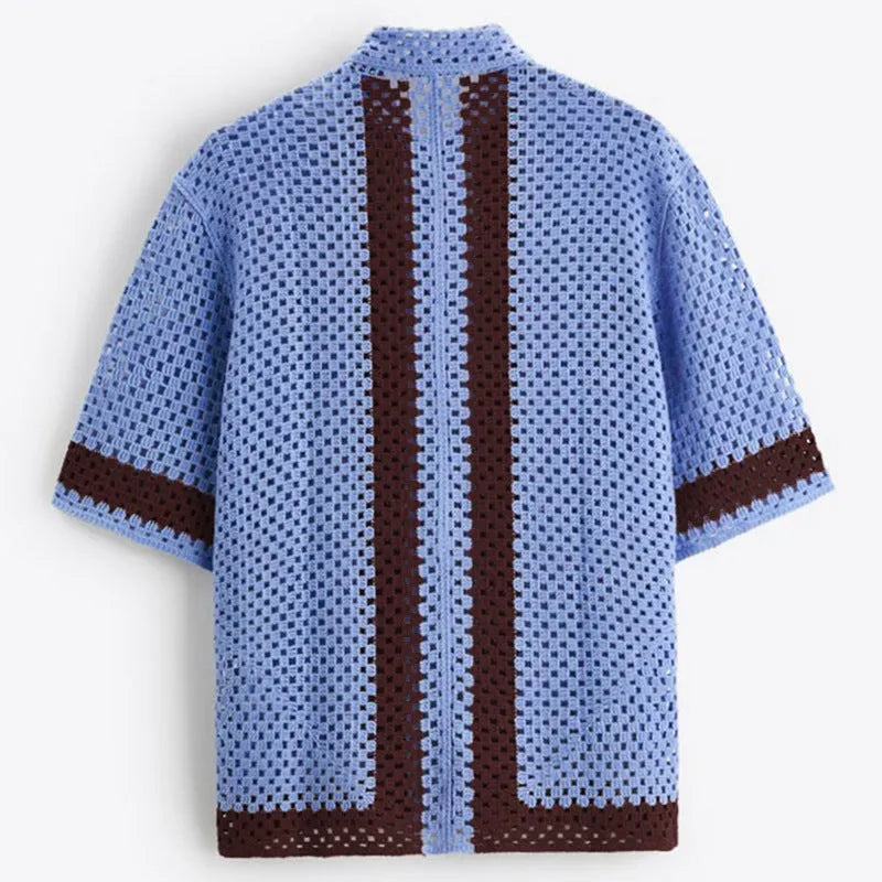 Men's blue hollow knit viscose cardigan with short sleeves and open front, shown on model