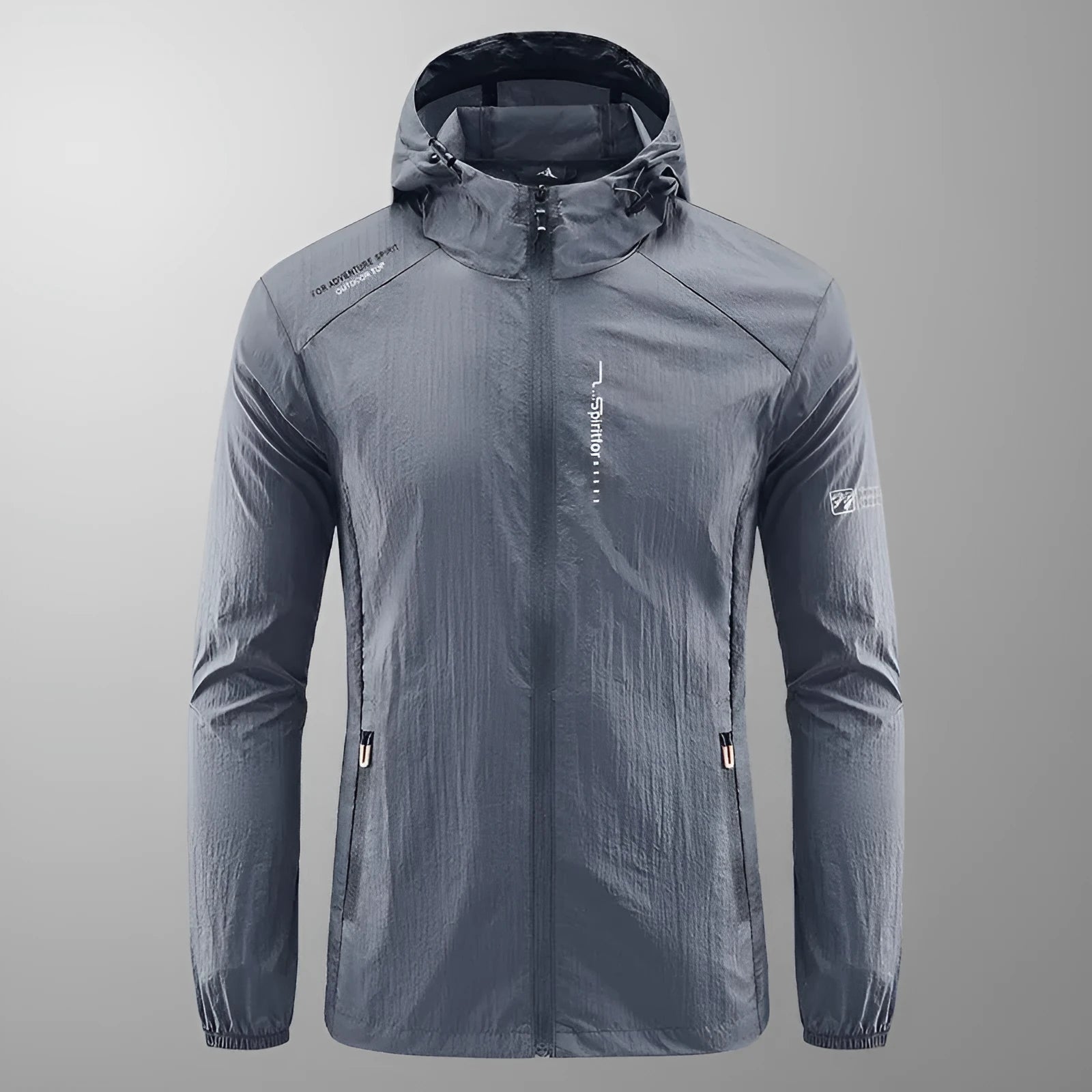 Man wearing a lightweight grey hooded nylon jacket for summer sun protection