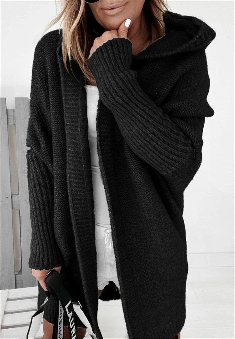 Oversized bat sleeve hooded cardigan in sheep wool blend, available in multiple colours