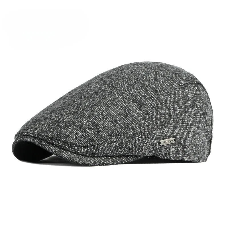 Men's thickened warm beret in beige with flat top crown and adjustable fit for autumn winter