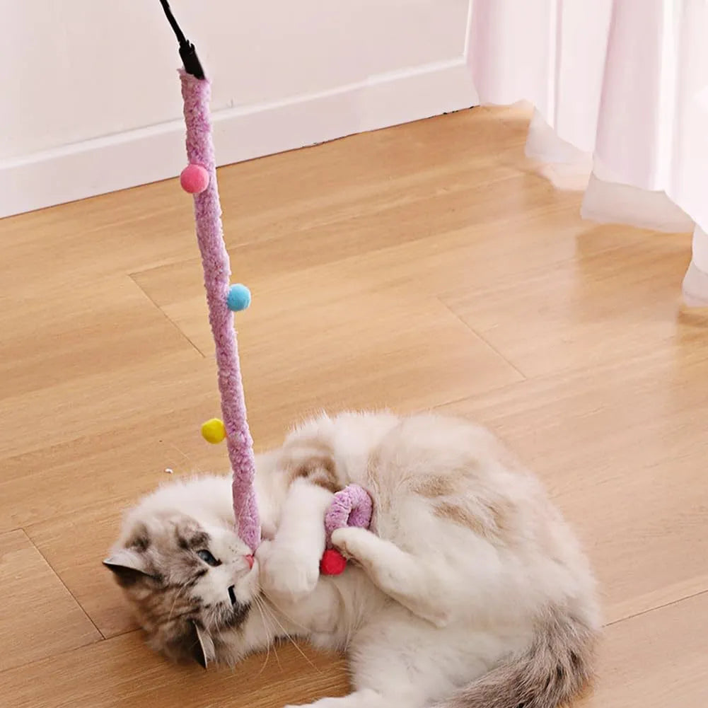 Cat teaser wand with long plush strip and colourful ball with bells for interactive indoor play