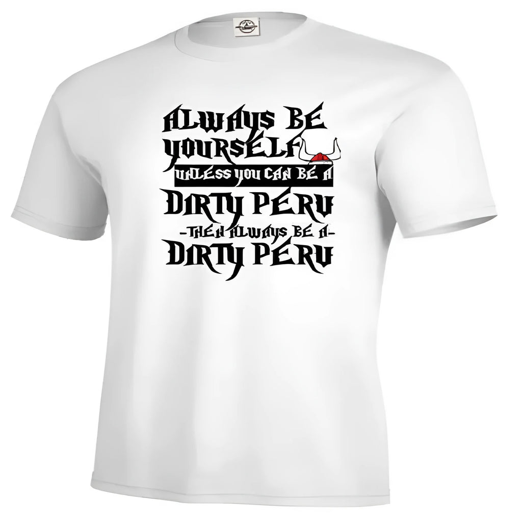Men's solid white short sleeve polyester t-shirt laid flat, showing straight cut and casual style.