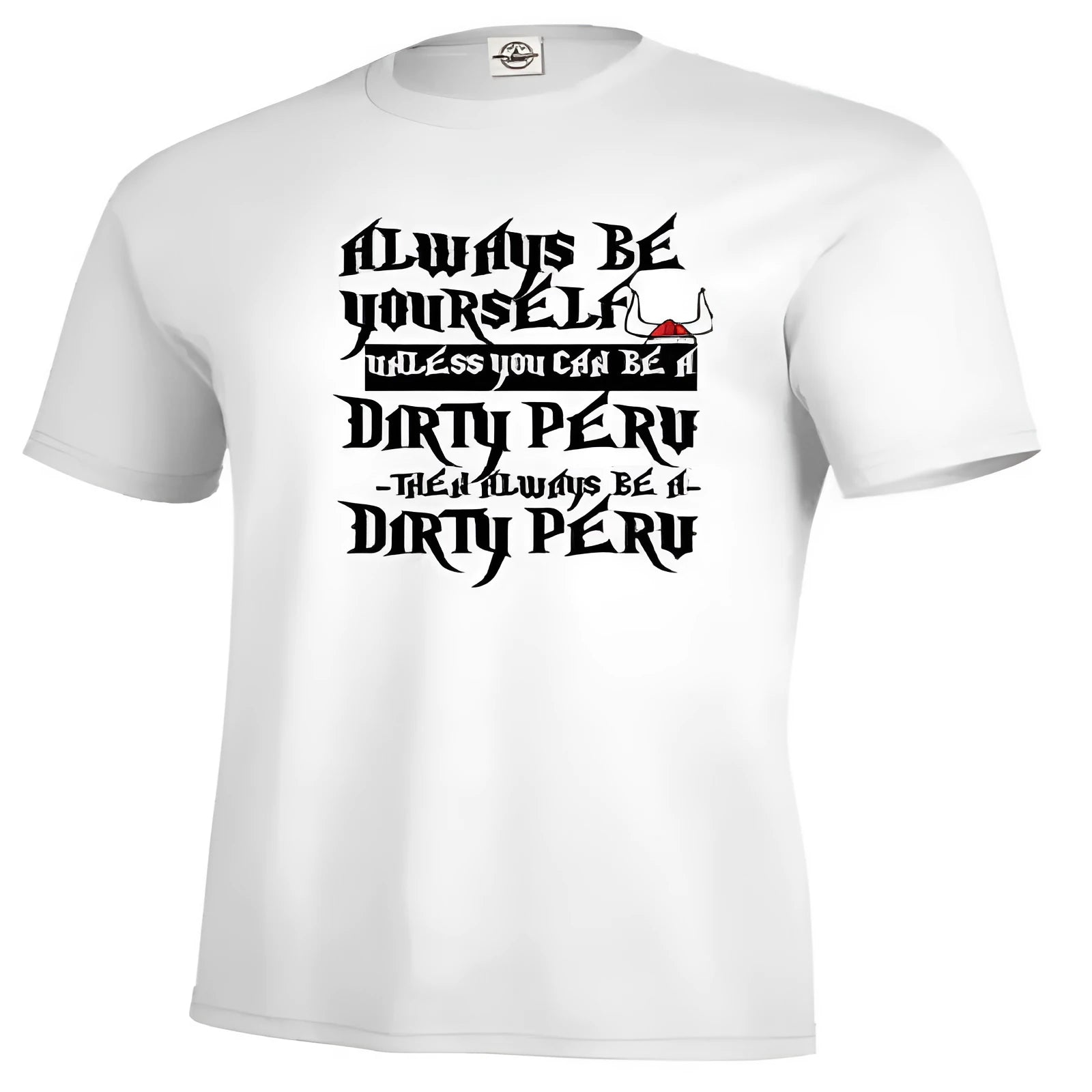 Men's solid white short sleeve polyester t-shirt laid flat, showing straight cut and casual style.