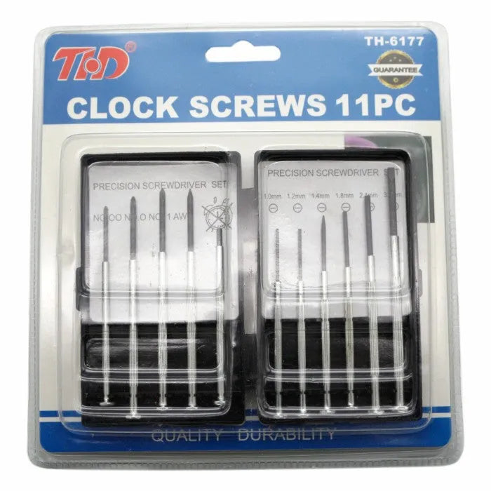 TH-6177 11-piece clock screwdriver set with cross-head and flat-head drivers on a workbench.