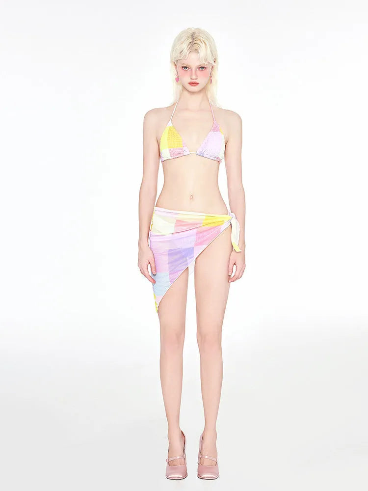 Rainbow pink women's triangle bikini top and bottom three-piece swimsuit set