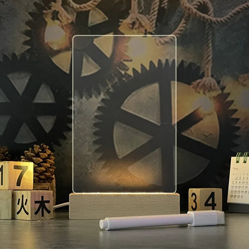 Creative LED USB message board night lamp with acrylic board and pen in warm light