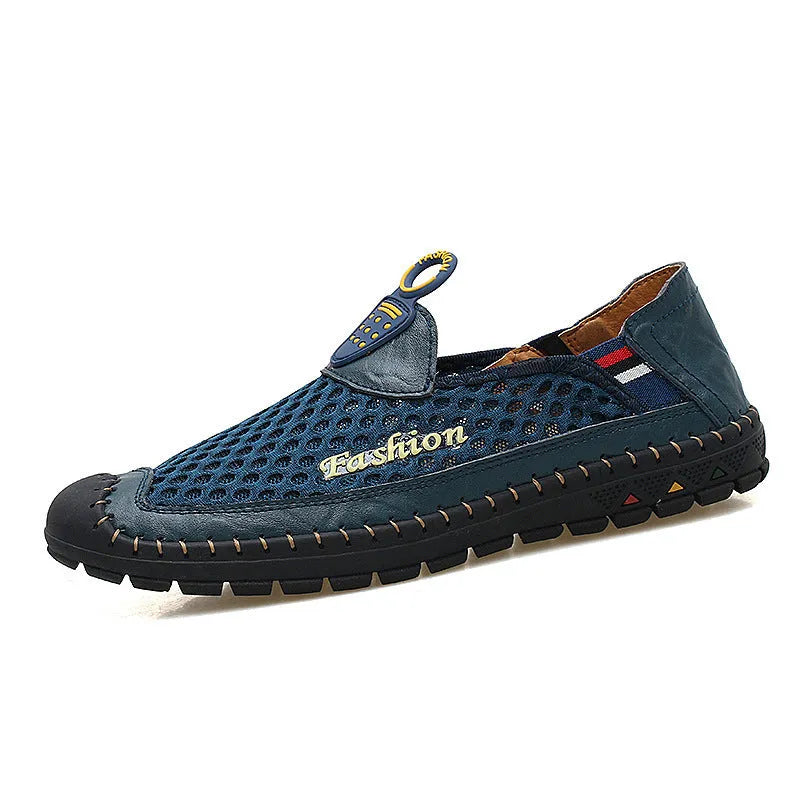 Men's brown breathable mesh casual shoes with a round toe and non-slip rubber sole.