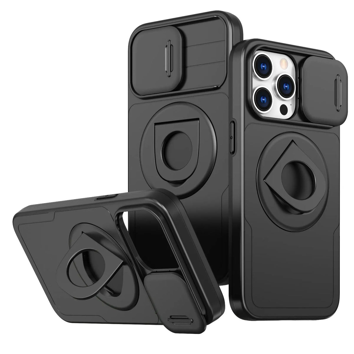 Black phone case with sliding window and magnetic ring bracket for Apple iPhone models