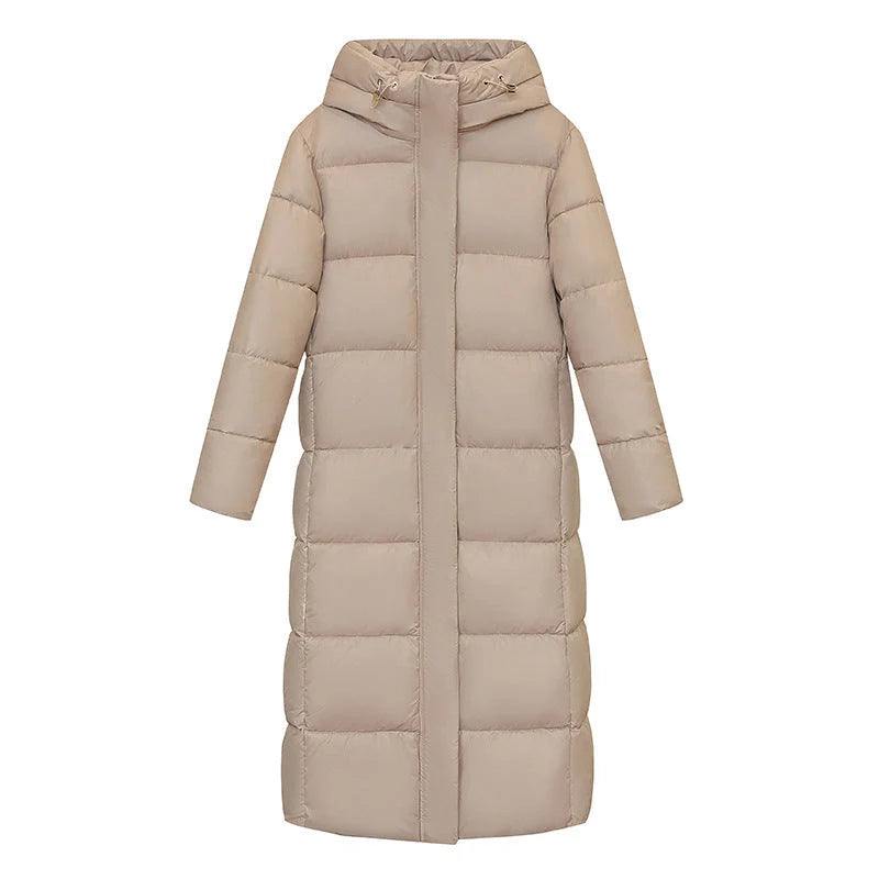 Women's super long winter puffer coat in black, dark red, white, and khaki with hood