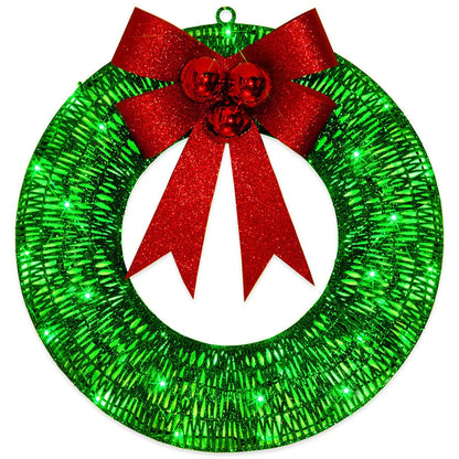 Festive 20-inch luminous LED Christmas wreath with gold and green tinsel garland and large bow