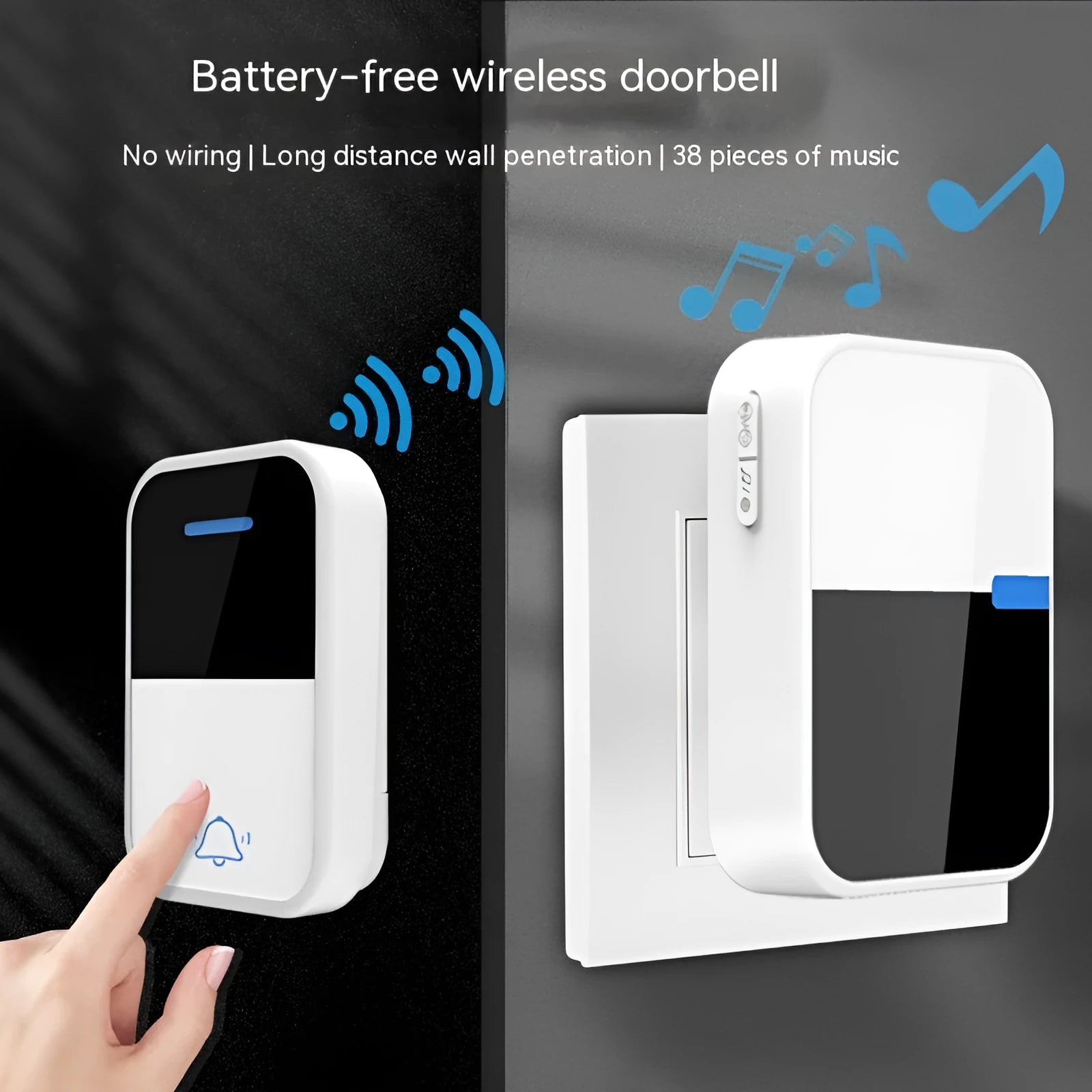 White modern wireless doorbell receiver and transmitter unit on a plain background.