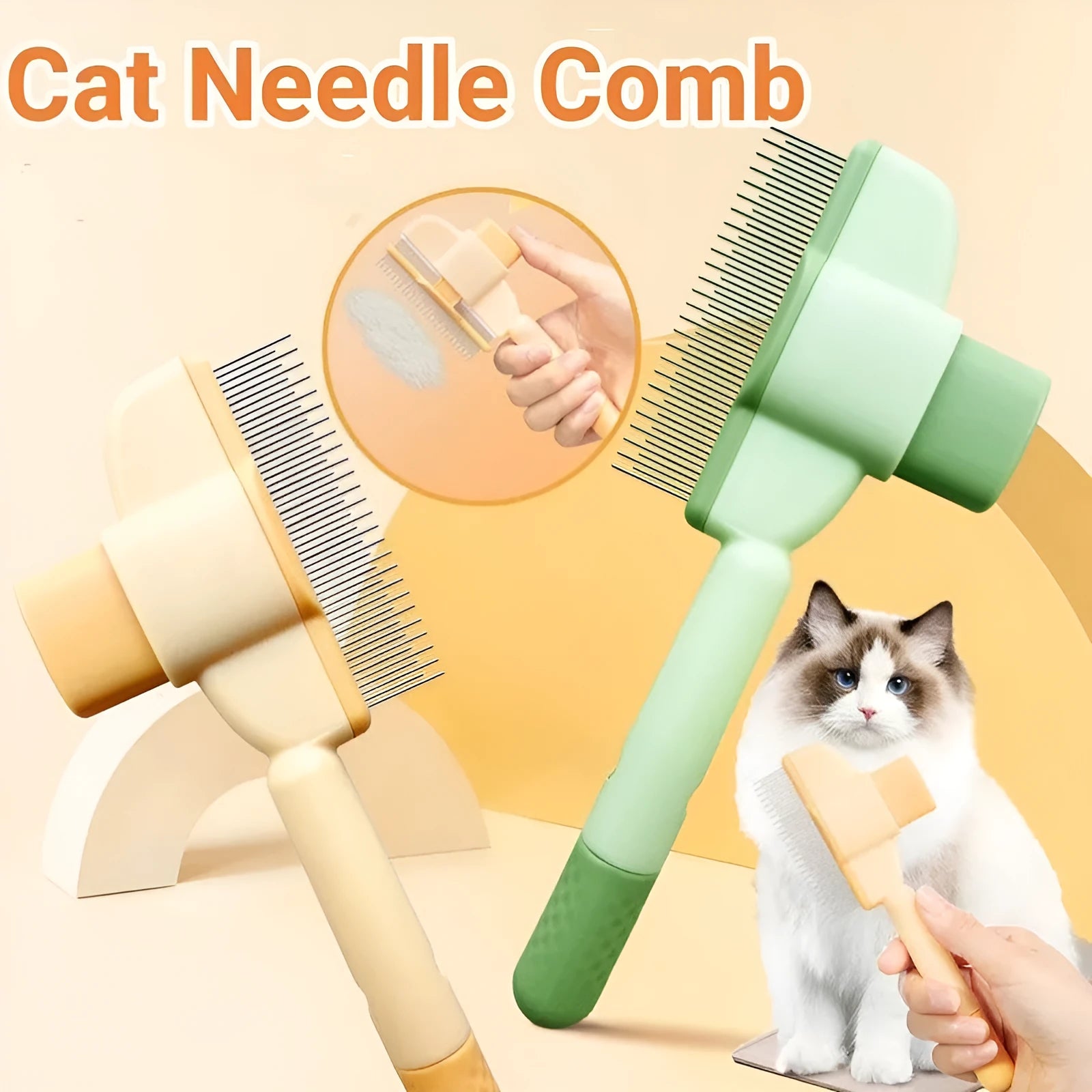Yellow and green self-cleaning pet comb with stainless steel teeth and release button