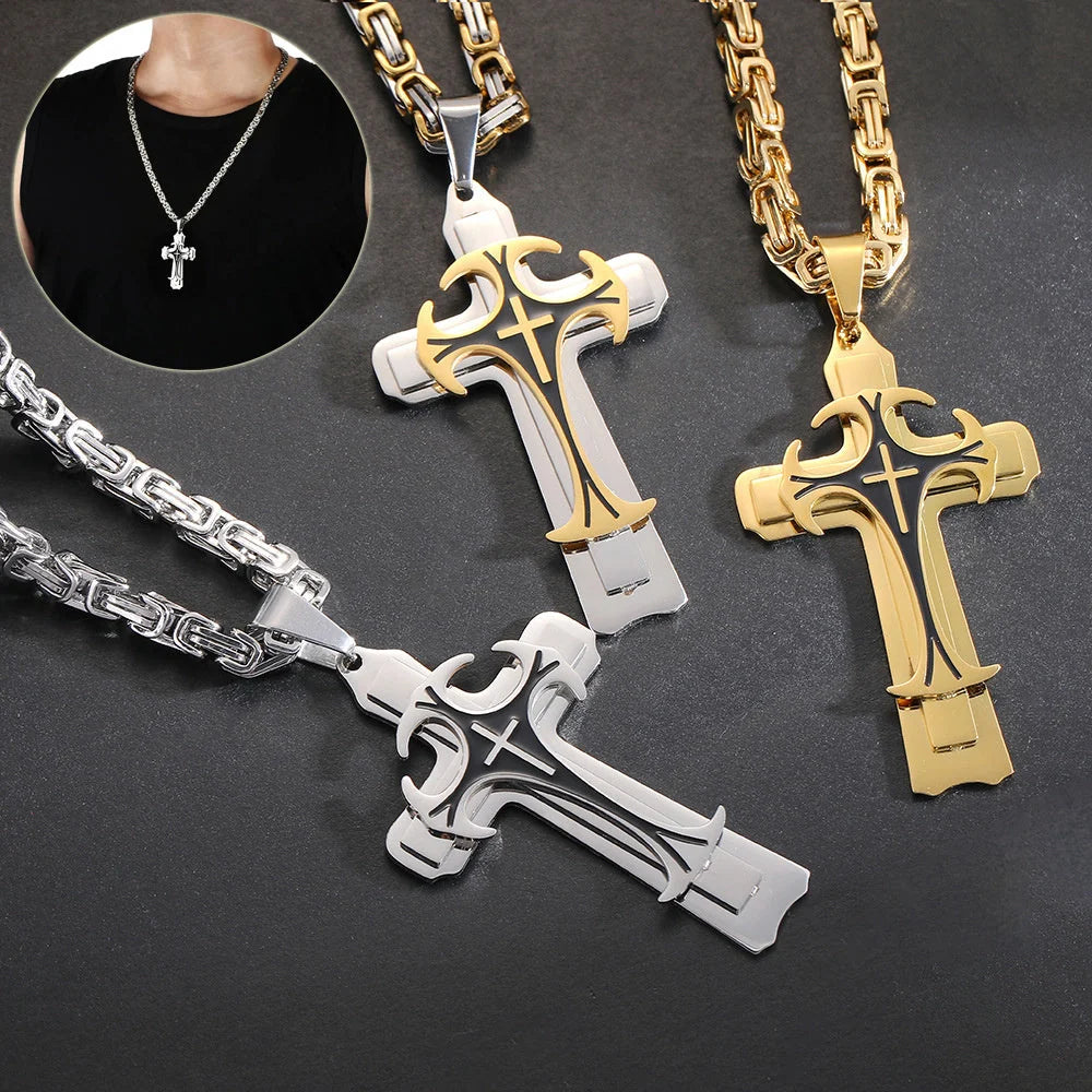 Men's Christian Trinity Latin Cross Necklace in stainless steel with three layers