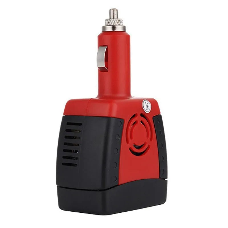 Red 150W car inverter with 12V to 220V/110V output and dual cigarette lighter sockets, 12 x 6.5cm