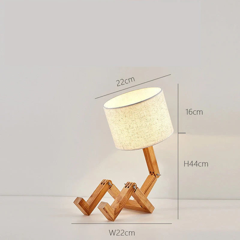 Robot shaped LED table lamp with flexible wooden base and linen shade