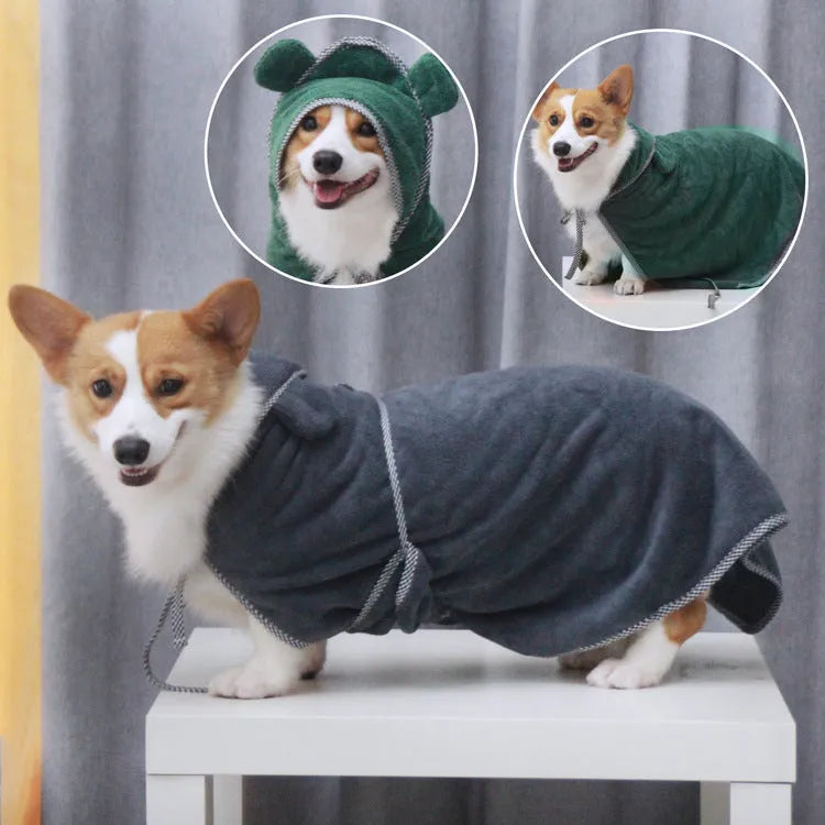Ultra fine fibre pet bath towels for dogs and cats in grey and green colours showing three size options