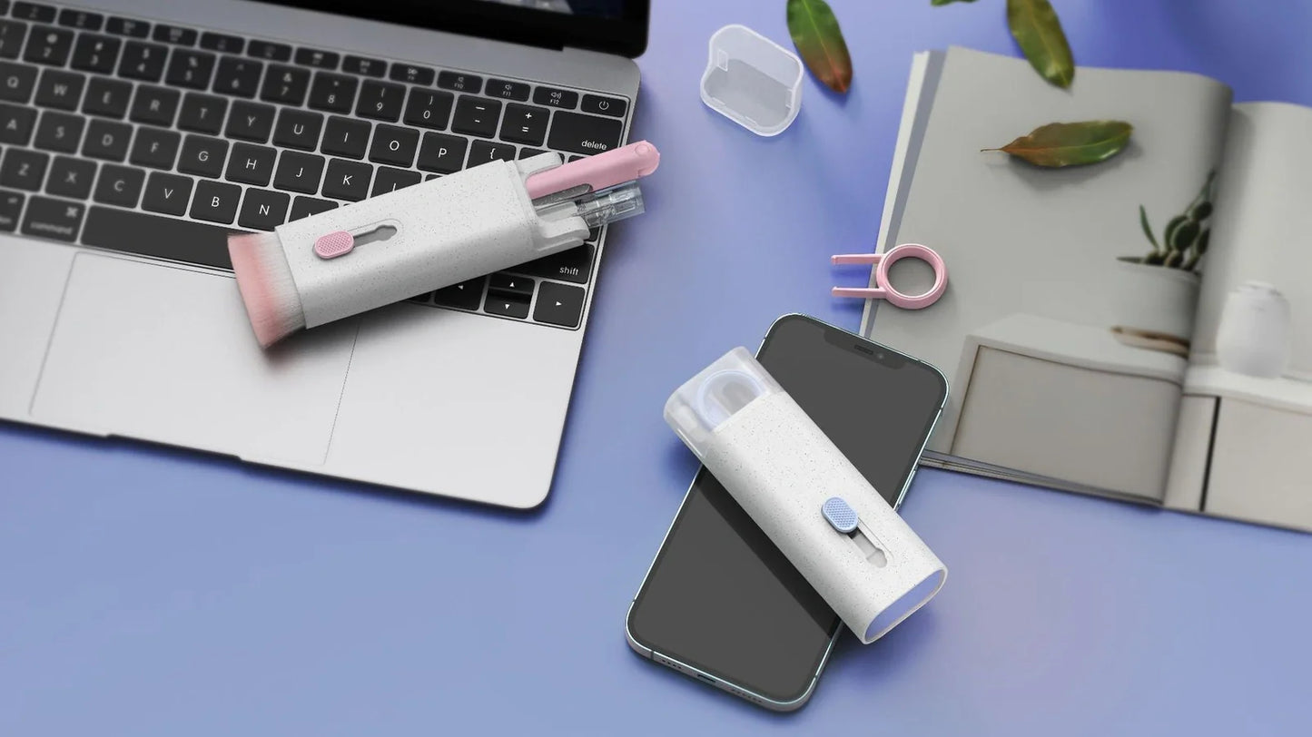 Pink and blue computer cleaning pen set with brush, keycap tool, and empty spray bottle