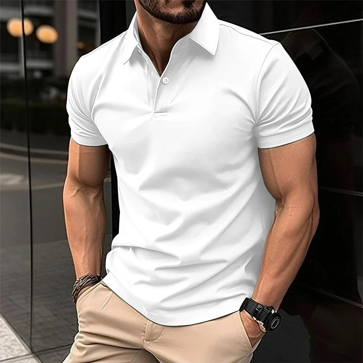 Men's short sleeve cotton polo shirt in a variety of classic colors and sizes