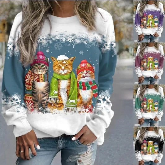 Women's festive snowman and cat print long sleeve t-shirt in loose fit