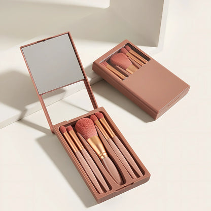 Sky blue 5-piece makeup brush set with plastic handles and travel mirror box, compact for bags