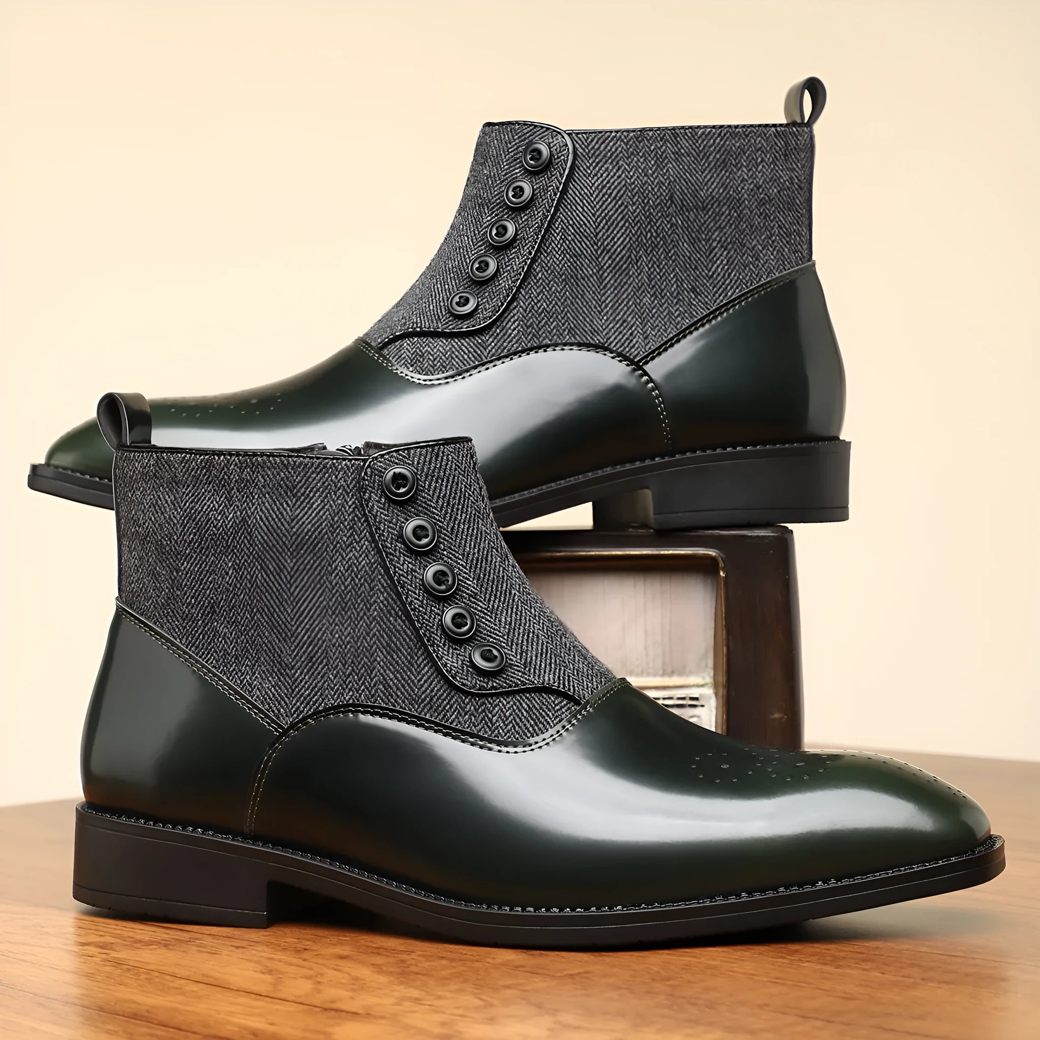 Brown men's formal Oxford shoes with a side zipper, square toe, and low block heel on a rubber sole.