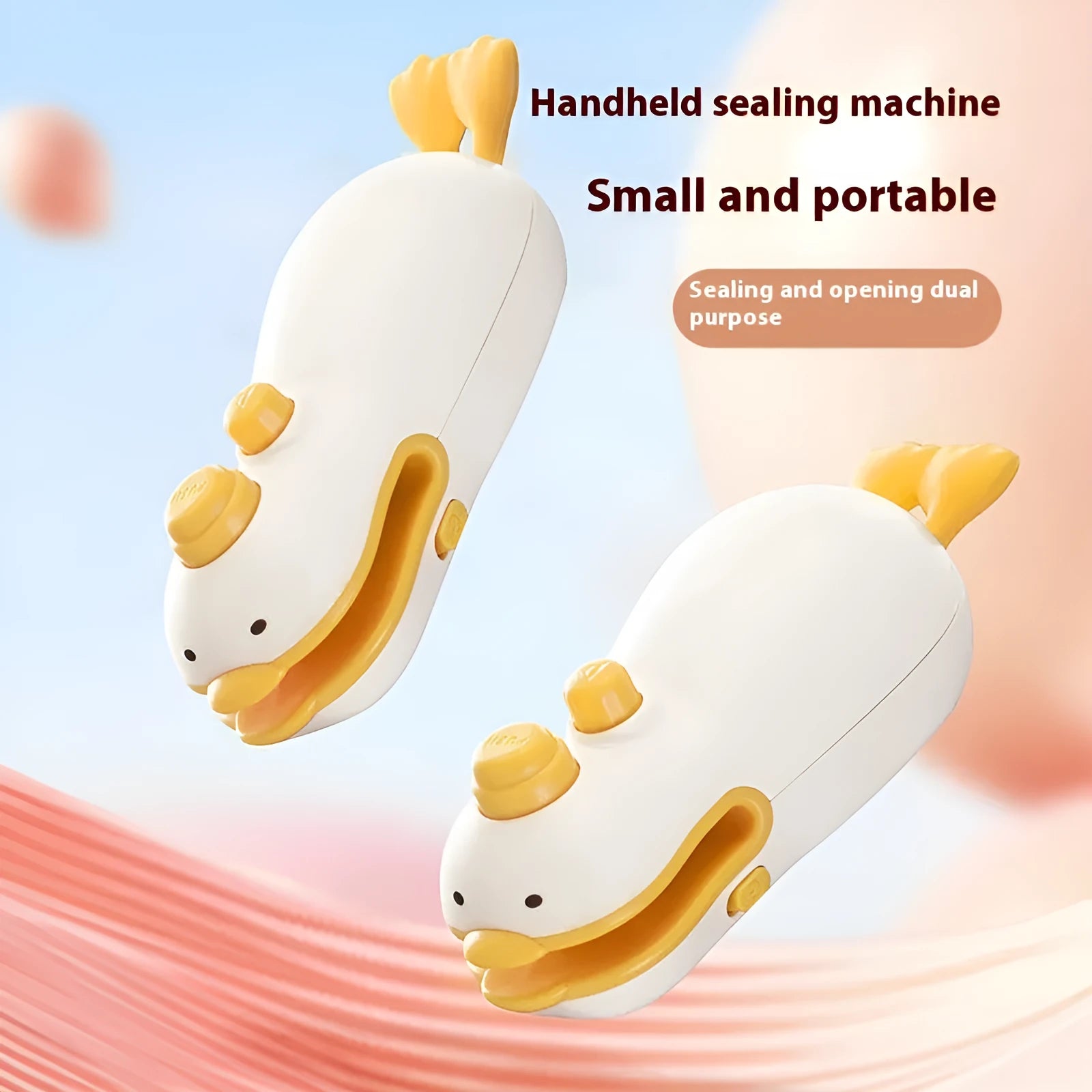 Small Yellow Duck shaped rechargeable bag sealer with animal jacquard pattern and USB cable.
