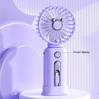 A versatile 2-in-1 handheld fan with power bank capabilities, featuring adjustable wind speeds and a compact, portable design for on-the-go cooling and charging