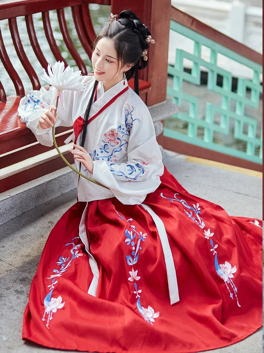 Traditional Hanfu Costume Set in Black Red and Water Blue, sizes XS to XL