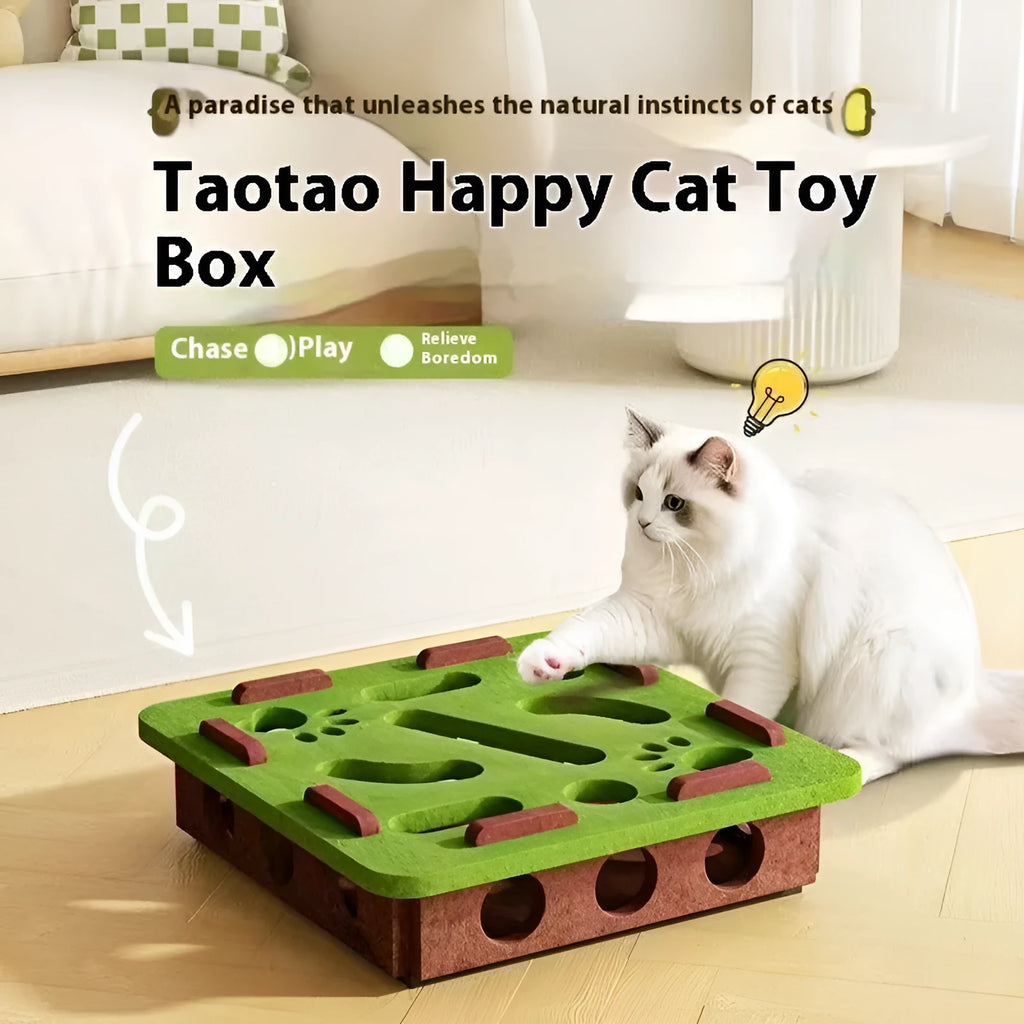 Green brown felt cube cat scratching toy with hollow centre for play.