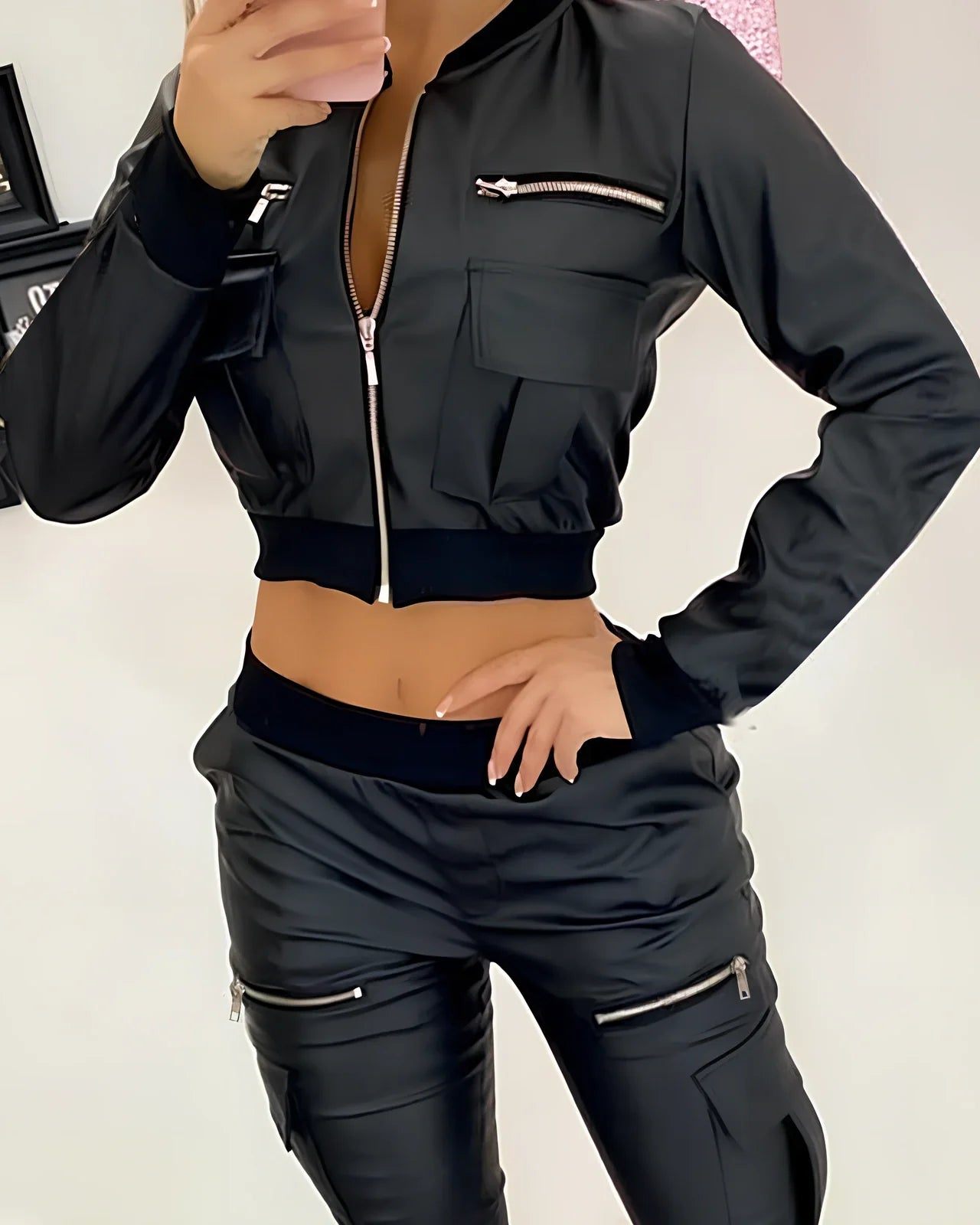 Black PU short baseball uniform jacket with long spliced sleeves, polyester 51-70%, sizes S-XL for women commuting