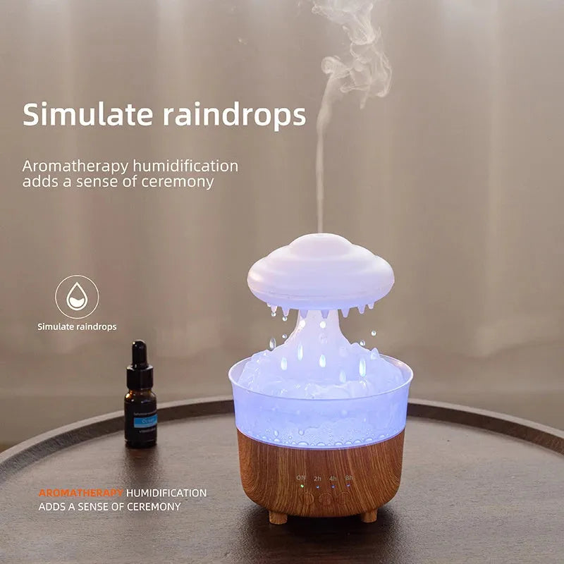 Wood grain cloud humidifier with LED lights and water drop rain sounds
