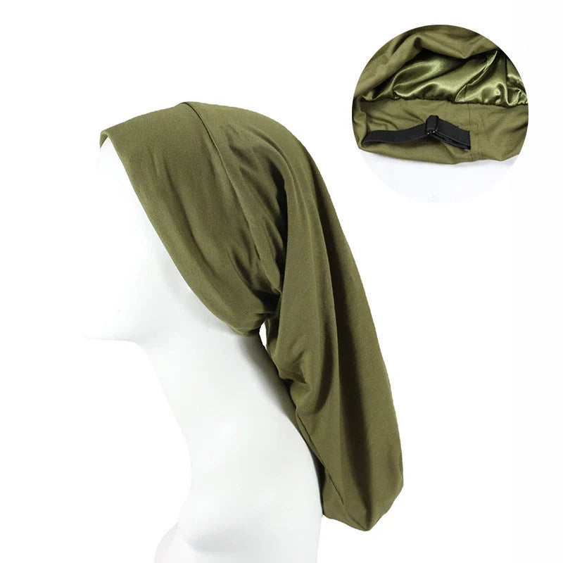 Women's adjustable satin-lined nightcap in various colours for hair protection