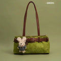 Horizontal square cotton single shoulder tote bag with double straps, green colour-blocked stitching, and welt pocket