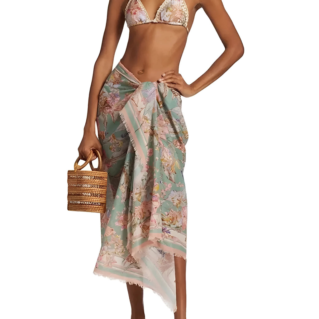 Women's creamy-white floral bikini suit with skirt for beach swimming