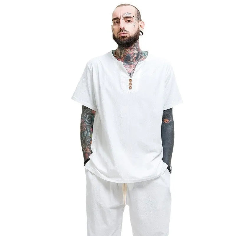 Men's loose cotton t-shirt in apricot colour showing pullover style with short sleeves