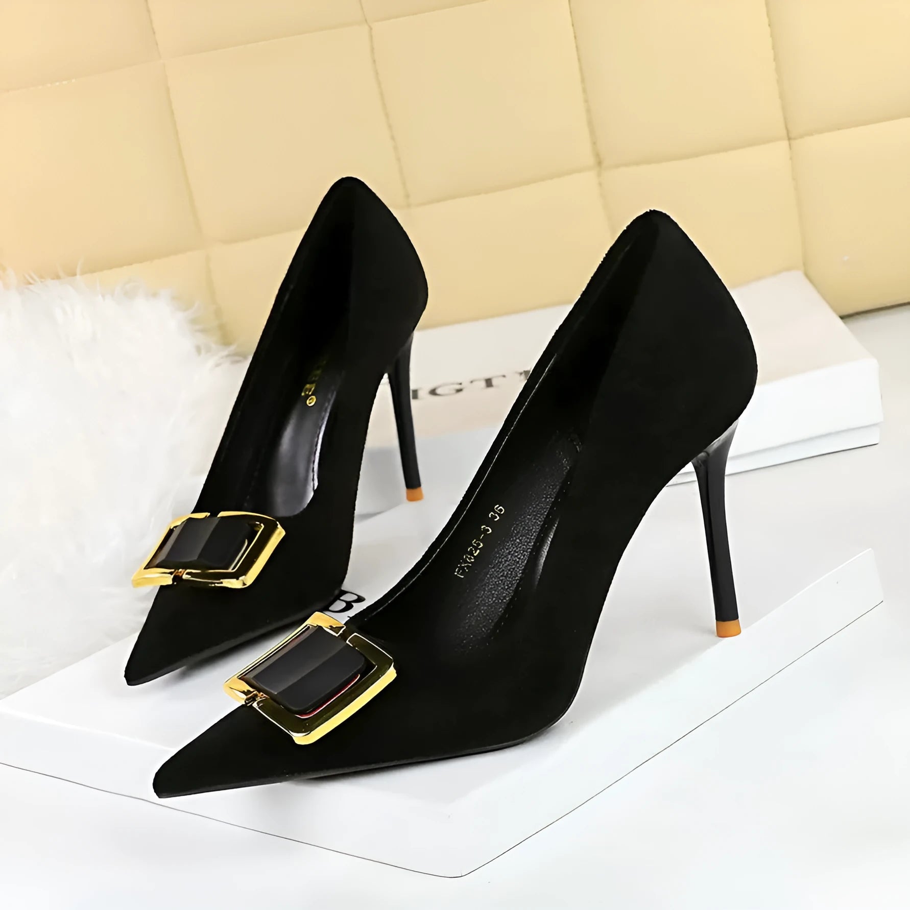 Black suede women's stiletto high heel shoes with a pointed toe and a 9cm heel.