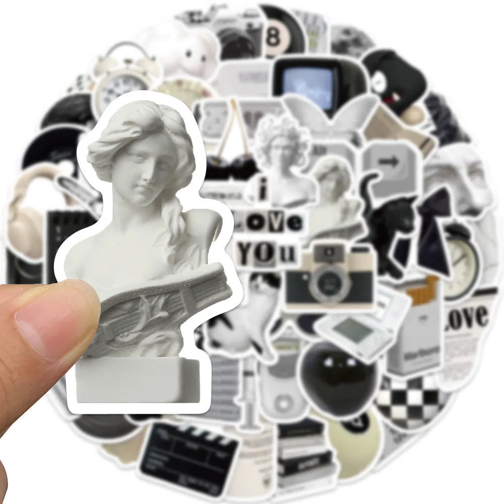 61 black and white waterproof PVC vinyl stickers for laptop and drink bottle personalisation.