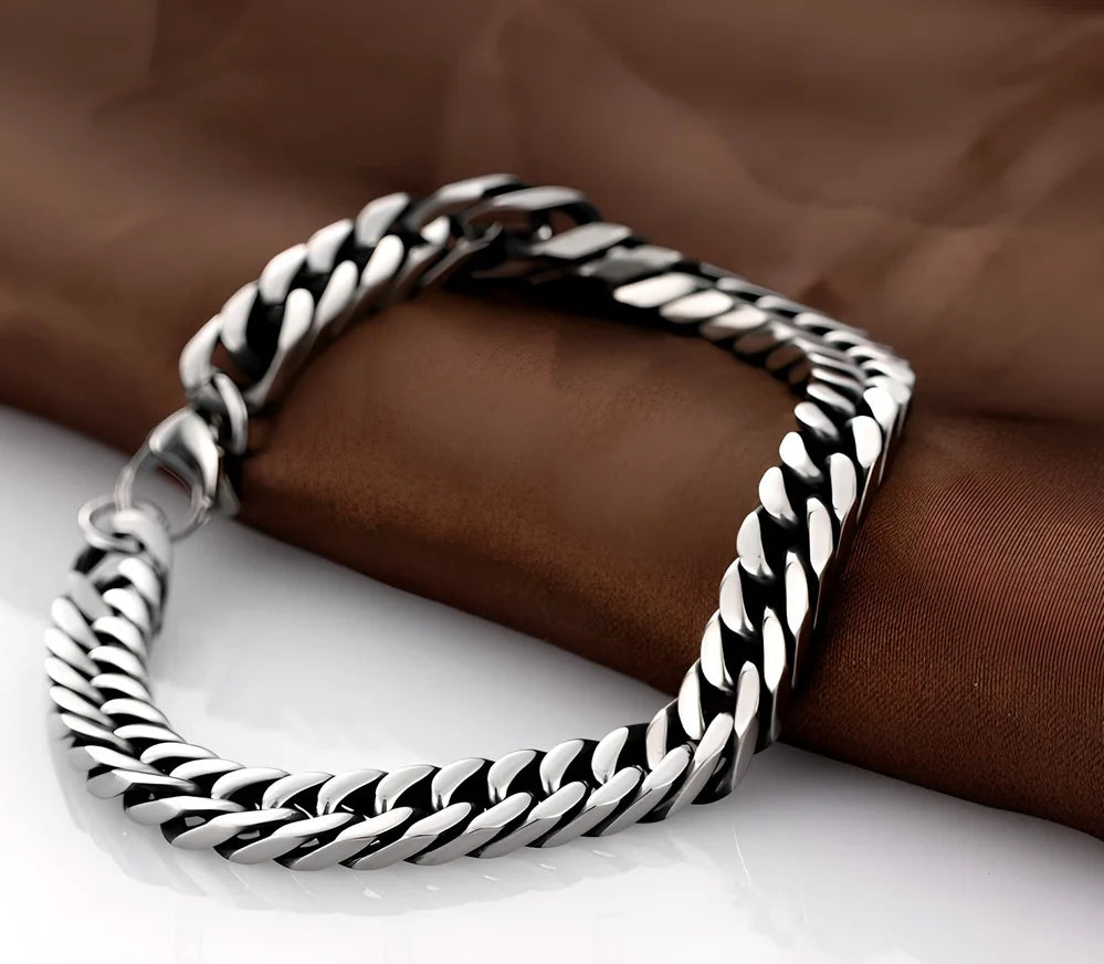 Men's titanium steel bracelet with silver inlay, geometric chain 21.5 cm long and 10 mm wide