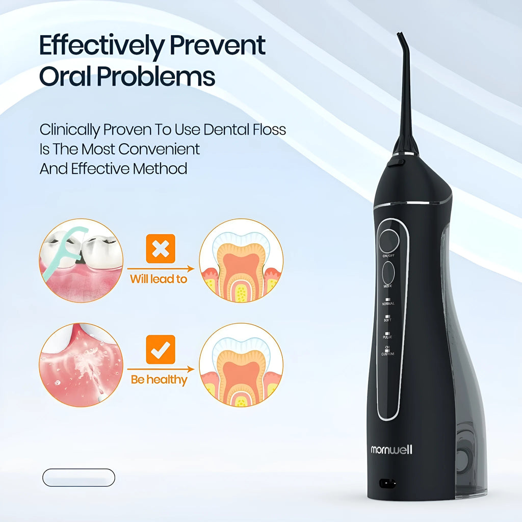 Black Prooral Mornwell portable oral irrigator with water reservoir and charging base