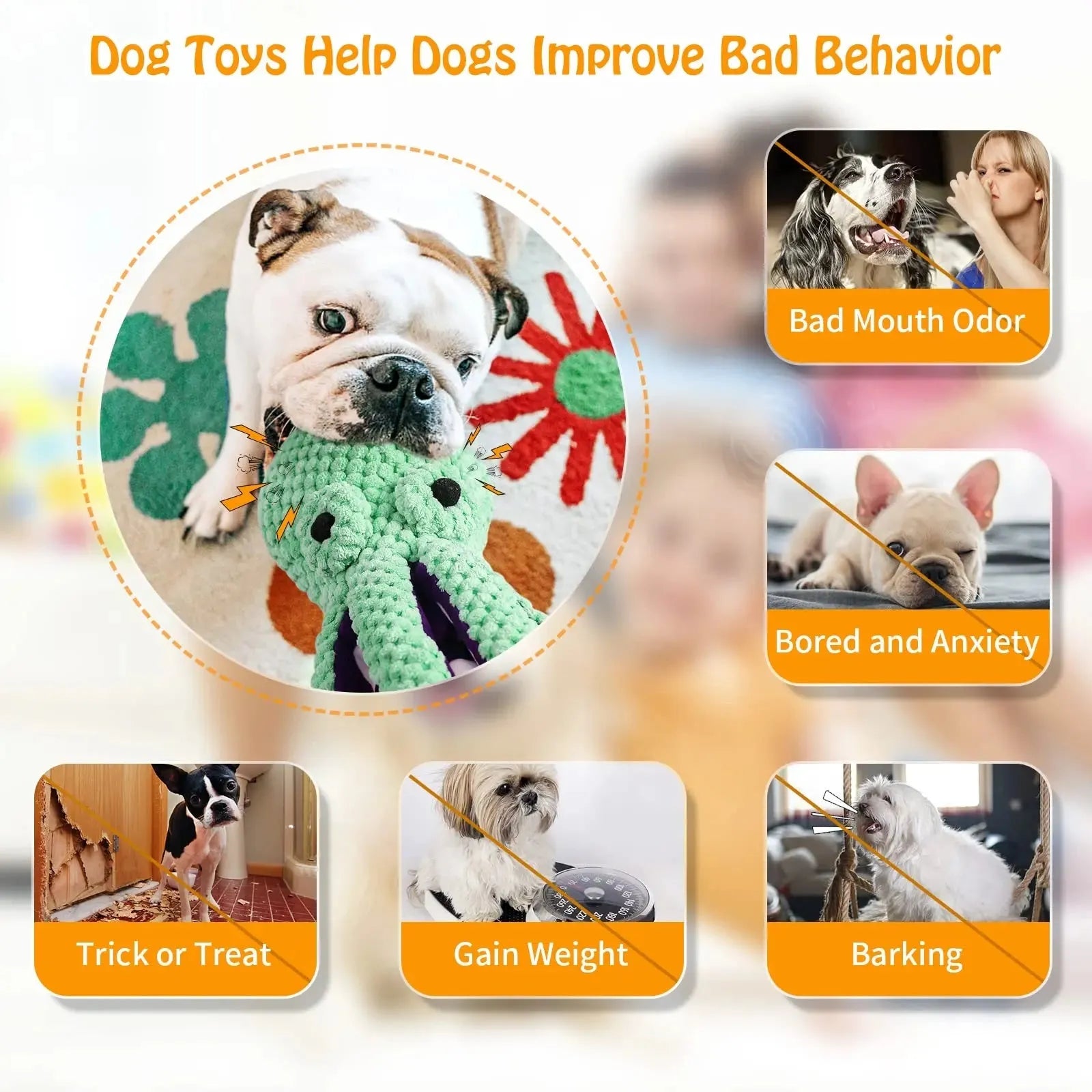 Blue plush octopus dog toy with long legs and cartoon eyes for chewing and interactive play.