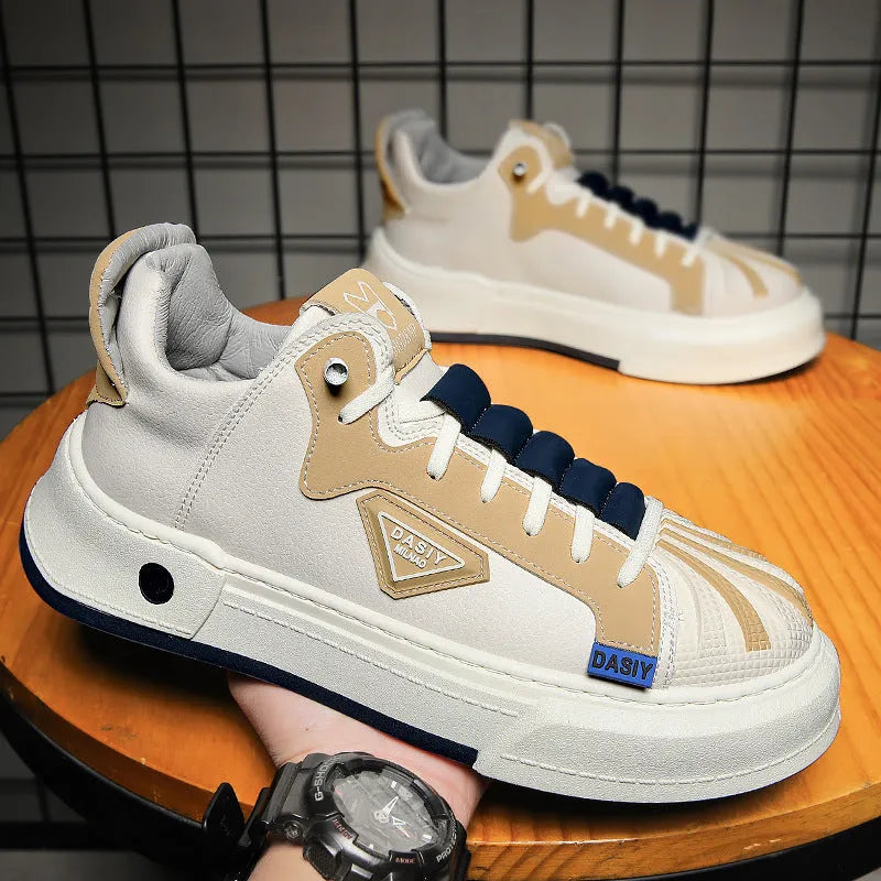 Men's low-top beige sneakers with elastic band and microfiber leather upper