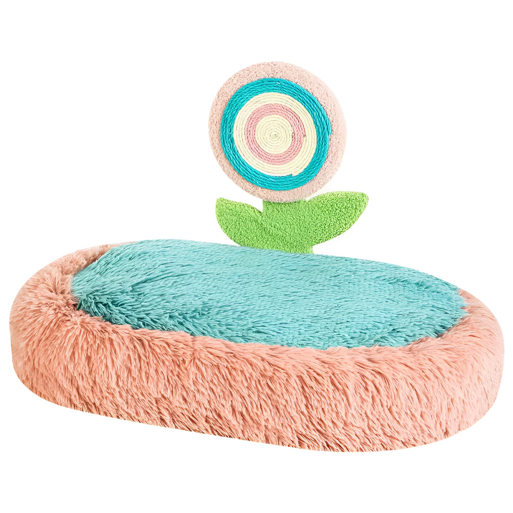 Pink thick plush cat nest bed with high rim and removable cushion in an elliptical lollipop shape.