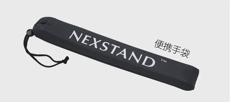 Black foldable portable laptop stand with enhanced nylon construction shown with travel case