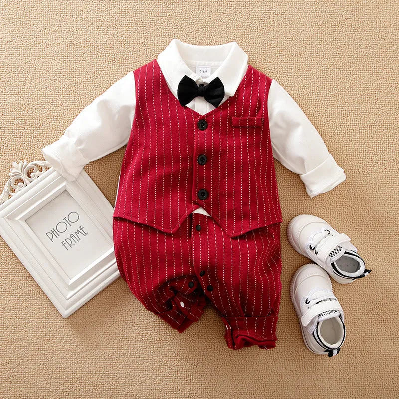 Gentleman style baby boy cotton jumpsuit in wine red colour with single-breasted closure and long sleeves