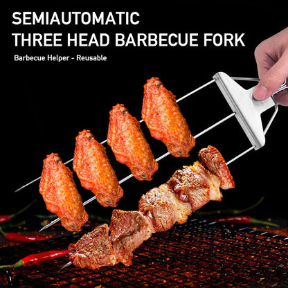 Stainless steel 3-prong BBQ skewer forks for perfect kebabs, non-stick and reusable.