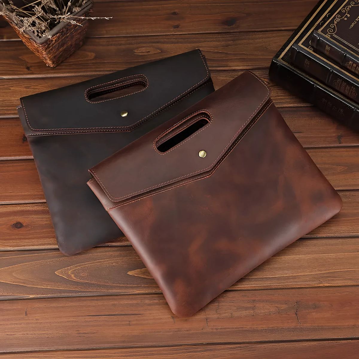 Genuine leather men's vintage business briefcase brown envelope shape wrapped closure soft handle